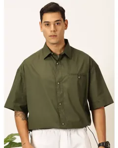 Men Olive Solid Oversized Shirt