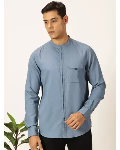 Men Blue Mandarin Collar Casual Shirt