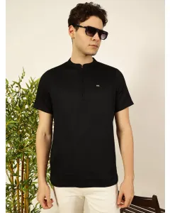 Men Black Cotton Linen Tshirt