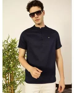 Men Navy Blue Cotton Linen Tshirt