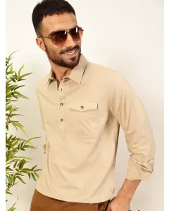 Men Beige Solid Cotton Linen Casual Shirt
