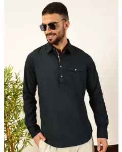 Men Navy Blue Cotton Linen Casual Shirt