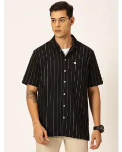 Men Black Striped Cotton Oversized Shirt
