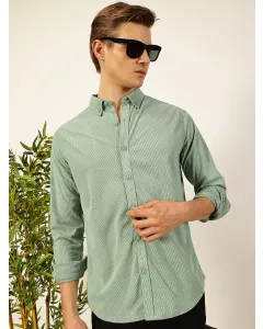 Green Premium Textured Corduroy Slim Fit Button-Down Collar Casual Shirt