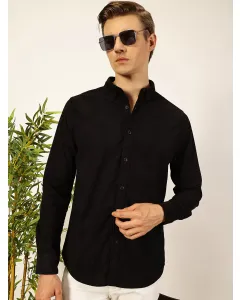Black Premium Textured Corduroy Slim Fit Button-Down Collar Casual Shirt