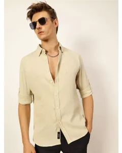 Beige Slim Fit Long Sleeves Button-Down Collar Polyester Casual Shirt