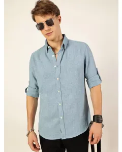 Blue Slim Fit Long Sleeves Button-Down Collar Polyester Casual Shirt