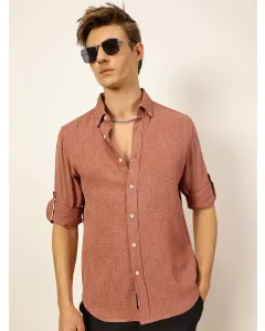 Dark Pink Slim Fit Long Sleeves Button-Down Collar Polyester Casual Shirt