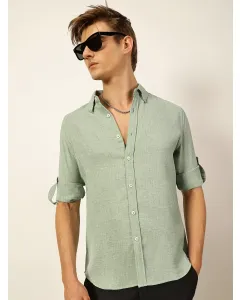 Green Slim Fit Long Sleeves Button-Down Collar Polyester Casual Shirt