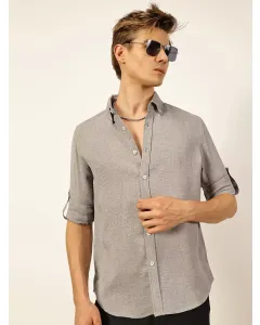 Grey Slim Fit Long Sleeves Button-Down Collar Polyester Casual Shirt