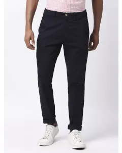 Men Navy Blue Solid Slim Fit Trouser