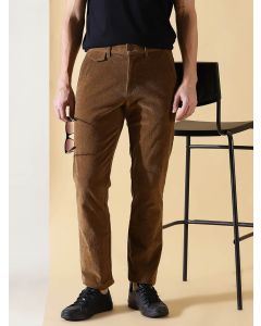 Brown Textured Slim Fit Corduroy Chinos