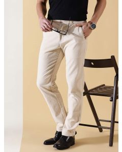 Cream Textured Slim Fit Corduroy Chinos