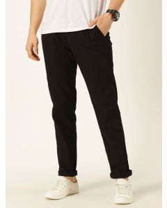 Men Black Plated Cotton Linen Chino Trousers