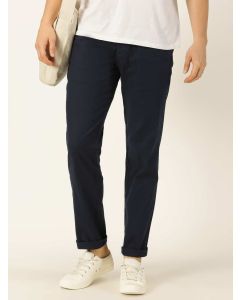 Men Navy Blue Cotton Oxford Chinos Trousers