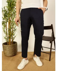 Men Navy Blue Mid-Rise Straight Fit Cotton Linen Cargo Trouser