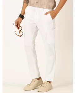 Men White Cotton Linen Cargo Trousers