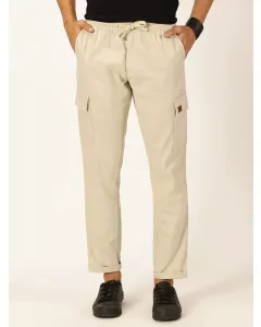 Cream Mid-Rise Straight Fit Cotton Linen Woven Cargos Trouser