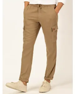 Khaki Mid-Rise Straight Fit Cotton Linen Woven Cargos Trouser