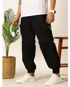 Black Mid-Rise Regular Fit Parashute Cargos Trousers