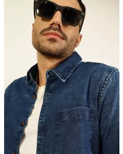 Men Blue Cotton Denim Shirt