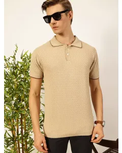 Men Beige Cotton Regular Fit Polo Tshirt