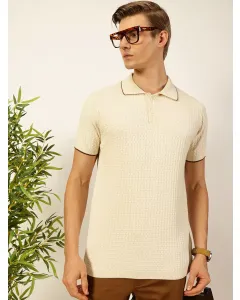 Men Off White Cotton Regular Fit Polo Tshirt