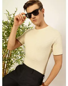 Men Off White Cotton Regular Fit Tshirt