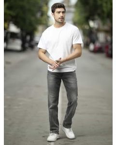 Grey  Classic Fit Heavy Fade Whiskers Stretchable Jeans