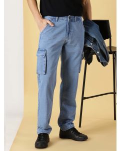 Light Blue  Comfort Relaxed Fit Clean Look Pure Cotton Cargo Jeans