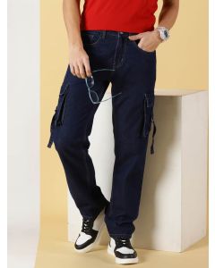 Dark Blue  Comfort Relaxed Fit Clean Look Pure Cotton Cargo Jeans