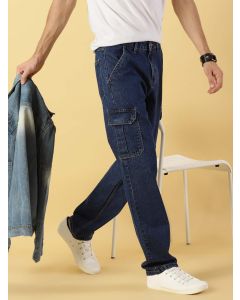 Dark Blue  Loose Relaxed Fit Mid-Rise Clean Look Cotton Jeans
