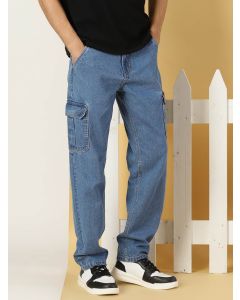Mid Blue  Mid Rise Loose Relaxed Fit Clean Look Light Fade Cotton Jeans