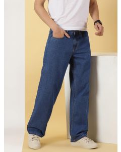 Mid Blue  Mid Rise Comfort Relaxed Fit Clean Look Cotton Baggy Jeans