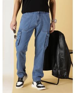 Mid Blue  Comfort Relaxed Fit Clean Look Light Fade Pure Cotton Cargo Jeans