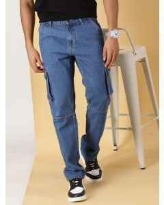 Mid Blue  Mid-Rise Smart Relaxed Fit Light Fade Cargo Style Pure Cotton Jeans