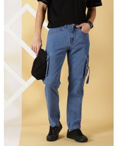 Mid Blue  Comfort Relaxed Fit Clean Look Pure Cotton Cargo Jeans