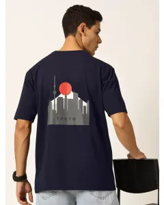 Men Navy Blue Printed Oversized Tshirt