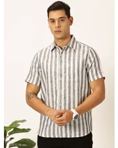 Men Black Striped Cotton Linen Shirt