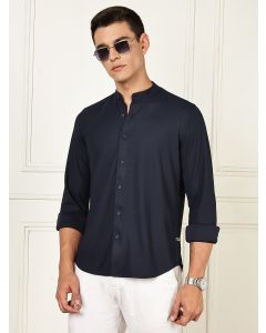 Navy Premium Slim Fit Long Sleeves Mandarin Collar 4 Way Stretch CoolMax Knitted Shirt