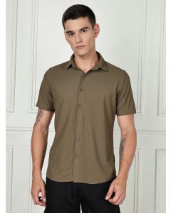 Olive Premium Slim Fit Short Sleeves Spread Collar 4 Way Stretch CoolMax Knitted Shirt