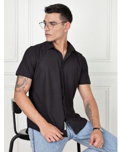 Black Premium Slim Fit Short Sleeves Spread Collar 4 Way Stretch CoolMax Knitted Shirt