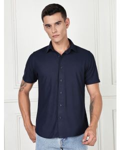 Navy Premium Slim Fit Short Sleeves Spread Collar 4 Way Stretch CoolMax Knitted Shirt