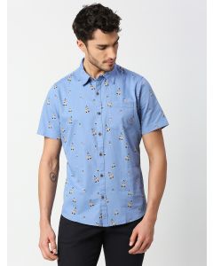 Men Blue Printed Slim Fit Cotton Shirt
