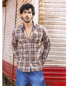 Dark Brown Slim Fit Long Sleeves Checked Shirt