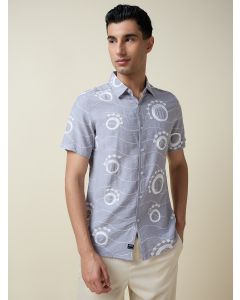 Grey Short Sleeves Spread Collar Regular Fit Embroidered Shirt