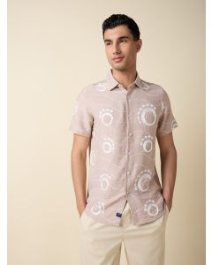 Peach Short Sleeves Spread Collar Regular Fit Embroidered Shirt