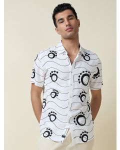White Short Sleeves Spread Collar Regular Fit Embroidered Shirt