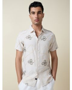 Beige Short Sleeves Spread Collar Regular Fit Embroidered Shirt