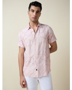 Pink Short Sleeves Spread Collar Regular Fit Embroidered Shirt